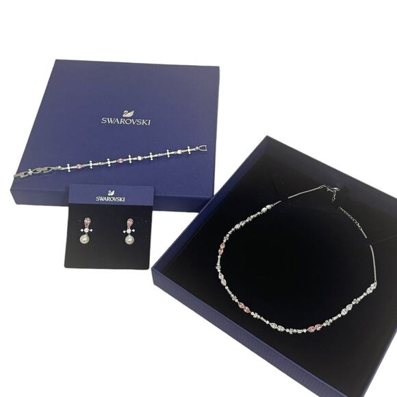 Swarovski Perfection Set, Necklace/Earrings/Bracelet Pink/Clear Crystal - Picture 2 of 9